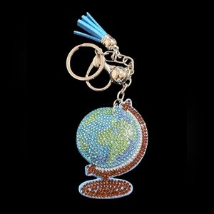 Rhinestone Globe Bag Charm Keychain with Tassel
